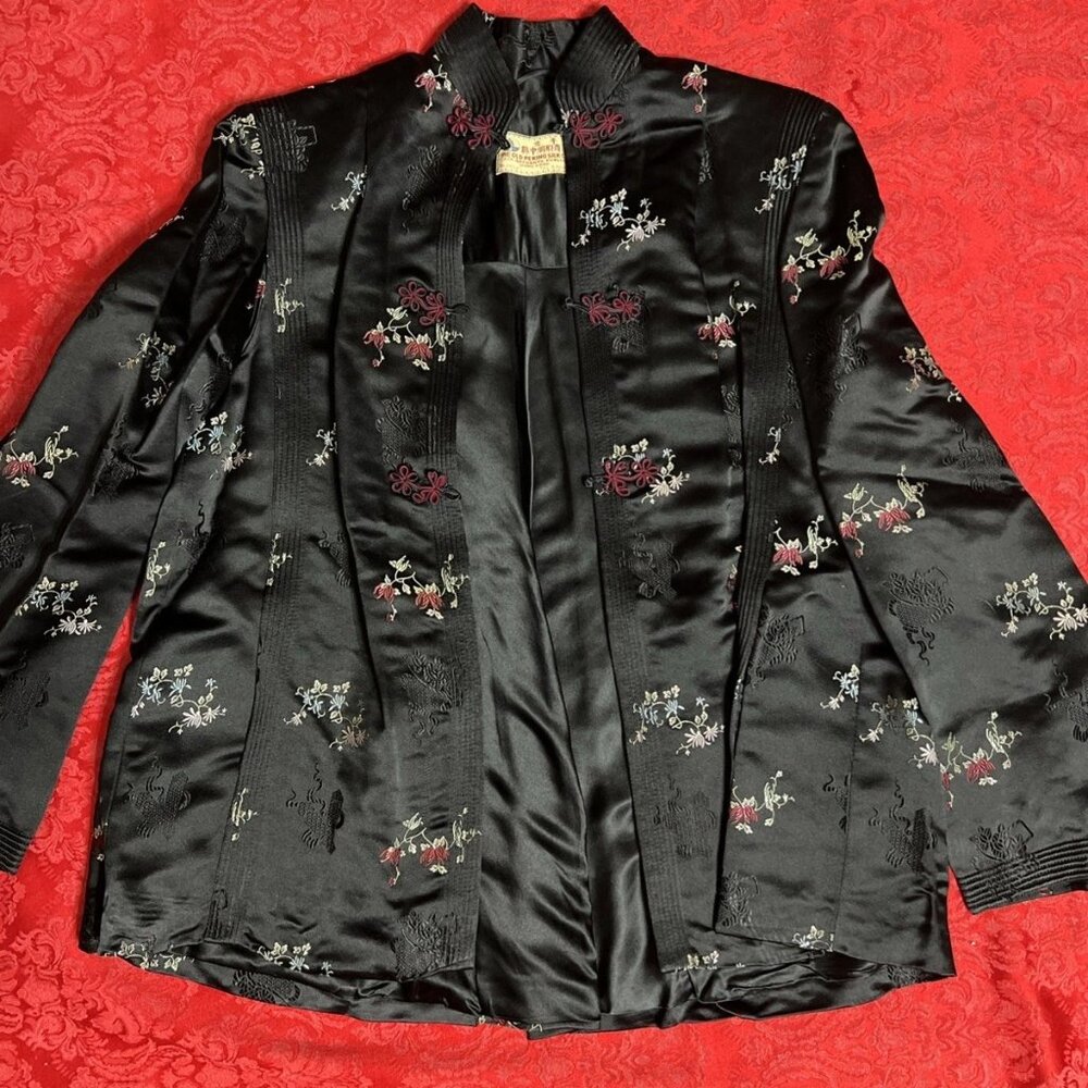 Vintage Chinese Silk Jacket Women’s L Old Peking Silk Co Hong Kong Black